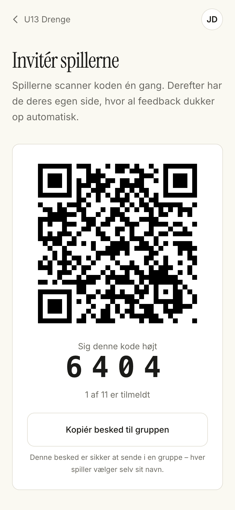 QR-kode og kode til at invitere spillerne
